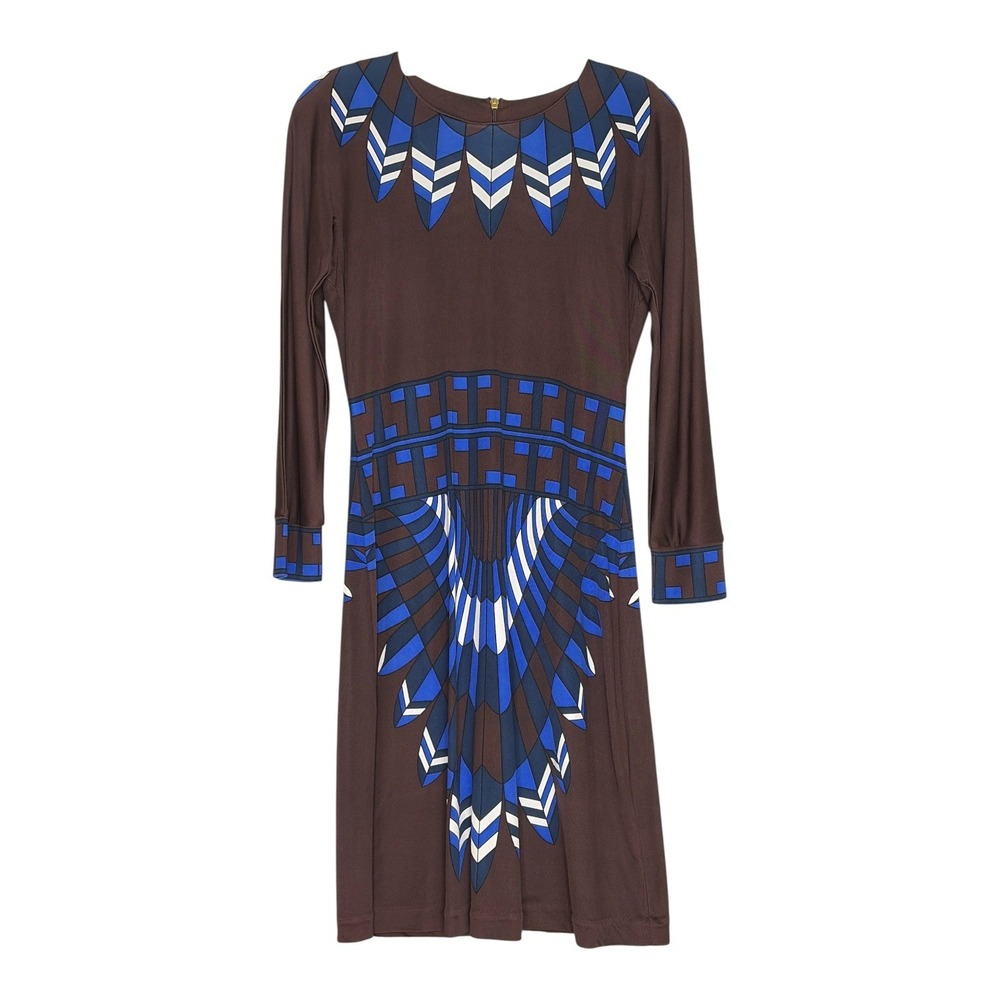 Tory Burch Brown Blue Geometric Wing Print 100% Silk Jersey Dress Long Slv Small
